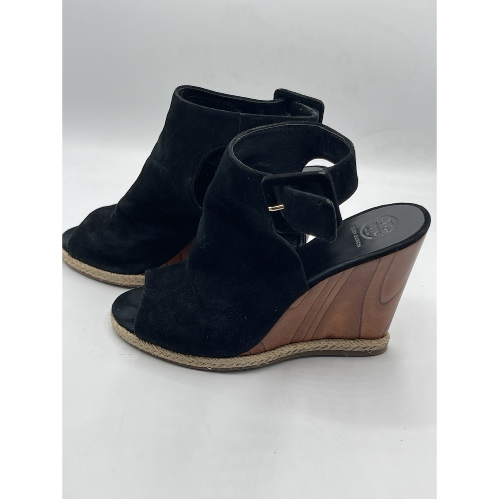 Tory Burch Sz 9 Black Suede Wood Heel Open Toe Ankle Straps